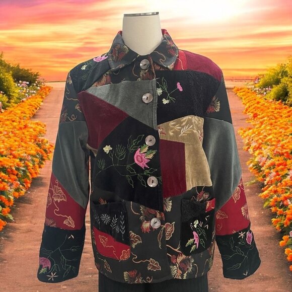 Parsley & Sage Patchwork Embroidered Jacket S Velvet Floral Artisan Boho Chic - Picture 1 of 12